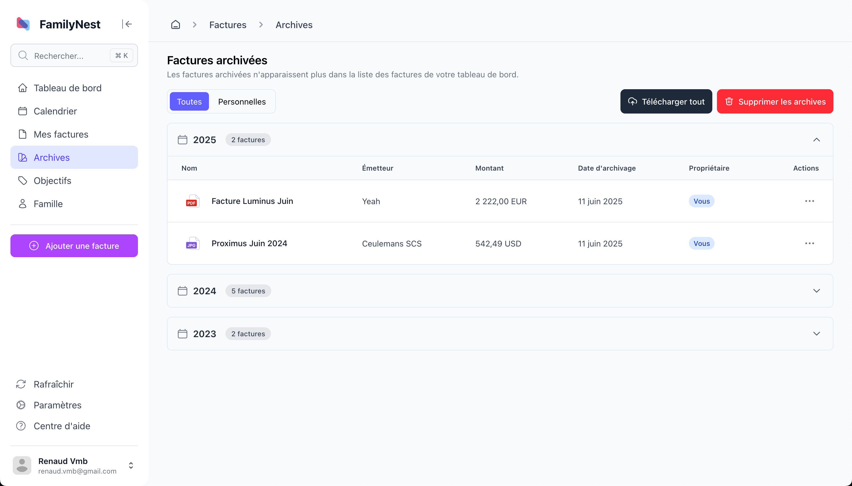 Aperçu de la fonctionnalité Archives