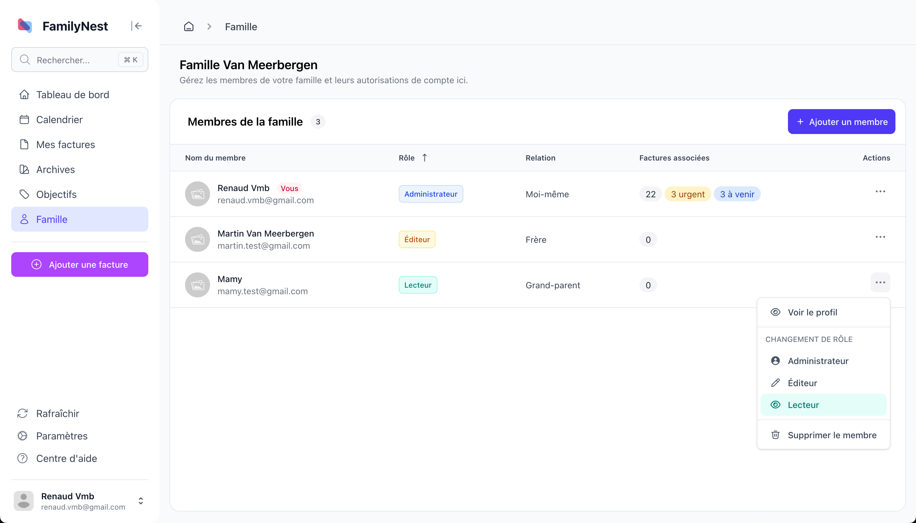 Aperçu de la fonctionnalité Famille