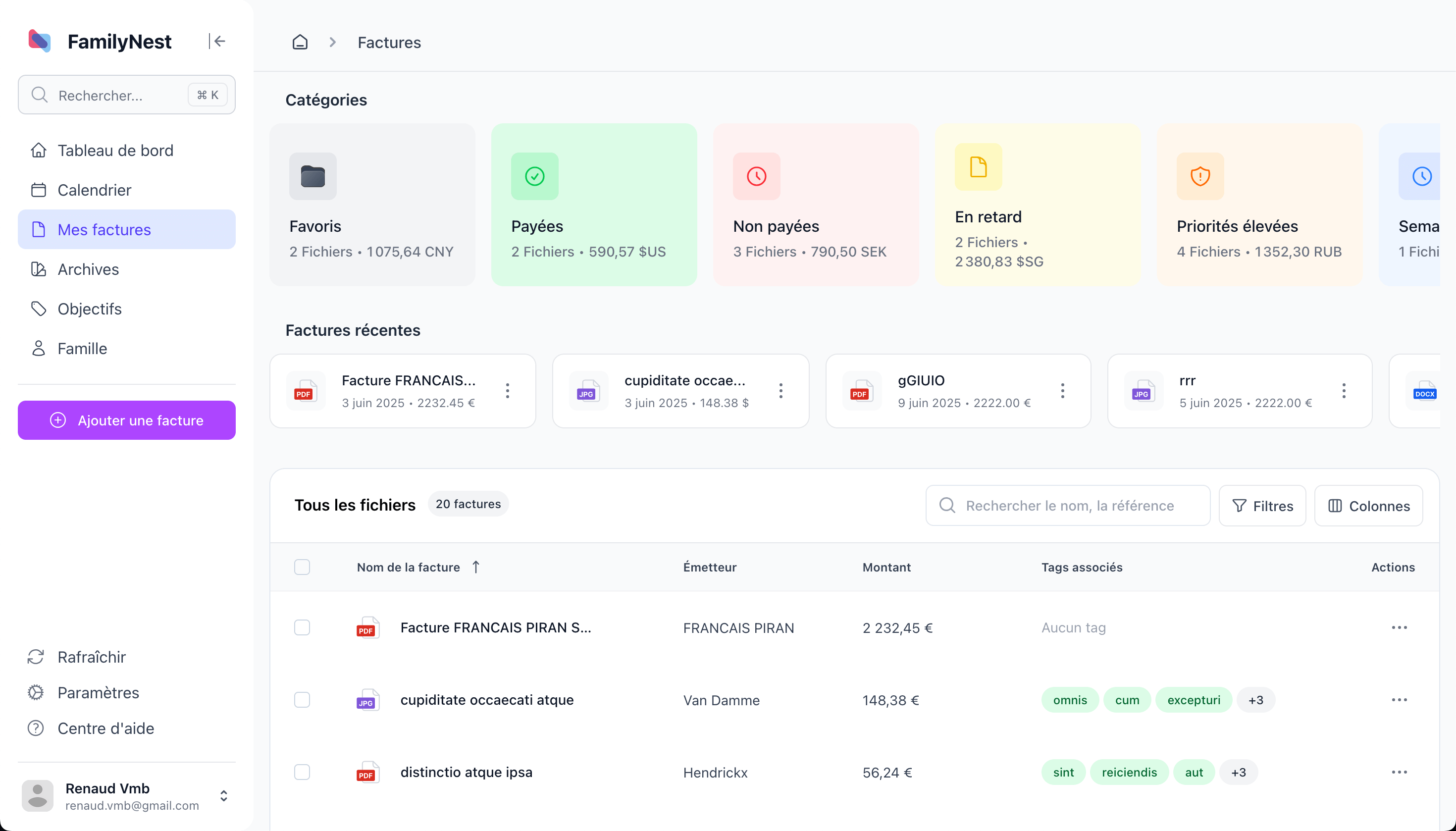 Aperçu de la fonctionnalité Factures